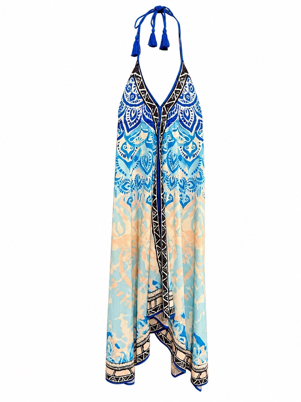 Asymmetrical Halter Summer Maxi Dress in Blue & Cream